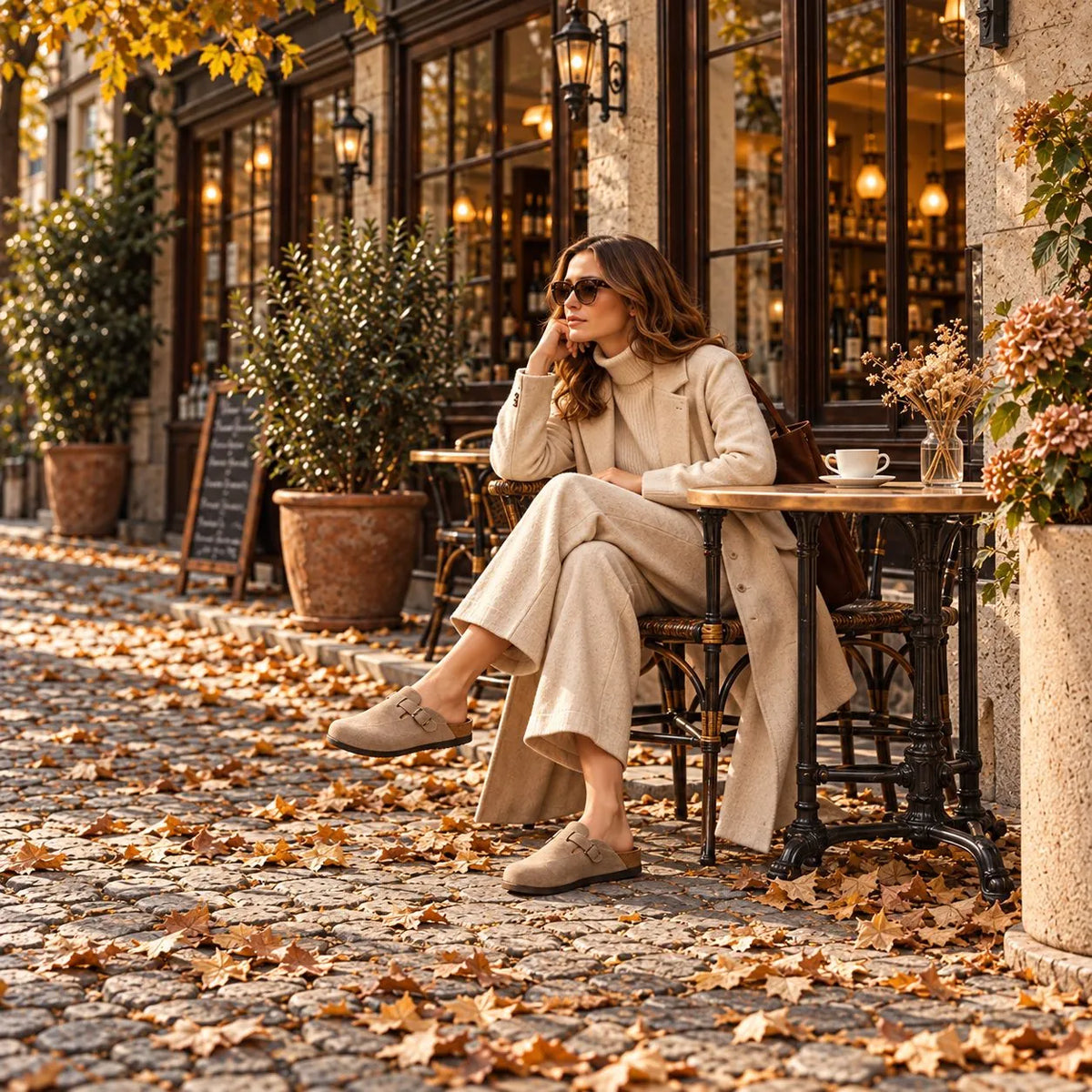 Frau mit SOHLIVA Clogs in einem herbstlichen Café
